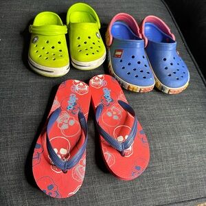 CROCS Green size 10, and Blue LEGO Clogs size 12-13, Red Circo Flip Flops 12-13